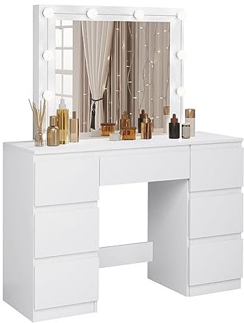 WOLTU Dressing Table with LED Bulb Lights, Adjustable Brightness, Vanity Table Makeup Desk with Large Mirror and 7 Drawers, 110 x 140.5 x 39.5 cm, White Bedroom Dresser, MB6099ws