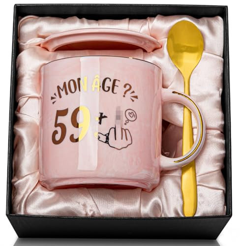Doublewhale Mug 60 Ans Anniversaire Femme - Idée Cadeau Original - 400ml Rose Céramique Marbrée Tasse