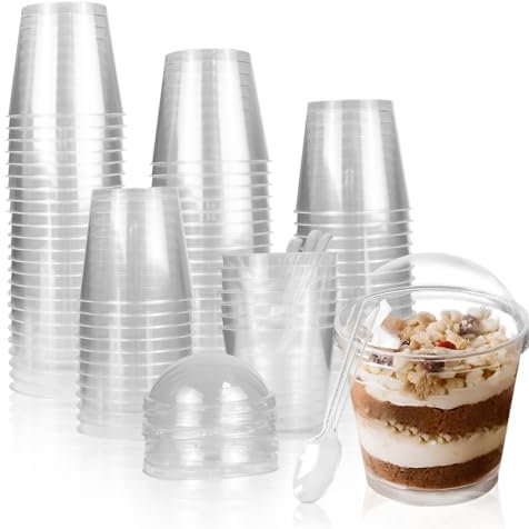 LIUCONGBD 50 Stück Dessertgläser Plastik mit 50 Stück Deckel und Löffeln, Runde Desserttassen Set, Dessertschalen Wiederverwendbar Desserttasse für Mousse, Pudding, Eiscreme, Party Picknick(7OZ/200ML)