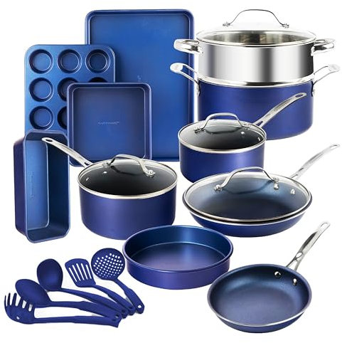 GRANITESTONE Blue - Juego de 20 ollas y sartenes antiadherentes, juego de utensilios de cocina con utensilios y utensilios para hornear, juego de utensilios de cocina no tóxicos, libre de PFOA, apto