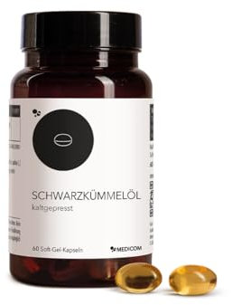 Medicom - Schwarzkümmelöl Kapseln, Naturlinie, Antibakterielle und antioxidative Effekte, Hoher Linolsäureanteil, Natürliches Heilpflanzen-Präparat, Entzündungshemmend, Glutenfrei – 60 Kapseln
