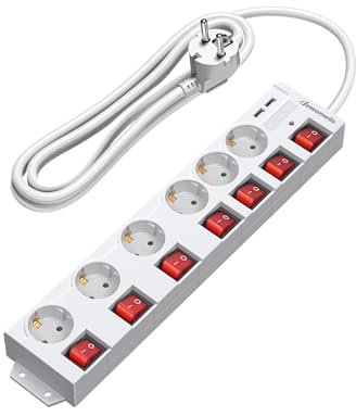 DEWENWILS Multiprise avec 6 Prises & 2 USB & 7 Interrupteurs Individuel, 3680W Max, Montage Mural, Sécurité Enfants, Rallonge Multiprise Parafoudre et Surtension avec Câble 3M, Blanc