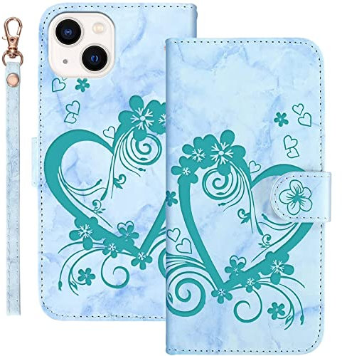 AOSBUTURY Handyhülle Tasche Book Cove für iPhone 15 (6.1 Zoll) Hülle Blume Liebe Herz Muster Marmor PU Leder Klapphülle Brieftasche Schutzhülle Etui Flip Case,Grün
