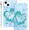 AOSBUTURY Handyhülle Tasche Book Cove für iPhone 15 (6.1 Zoll) Hülle Blume Liebe Herz Muster Marmor PU Leder Klapphülle Brieftasche Schutzhülle Etui Flip Case,Grün