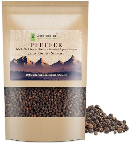 Gourmetia® schwarzer Pfeffer ganz (900g), frische aromatische Premium Pfefferkörner für die Mühle - 100% naturbelassen