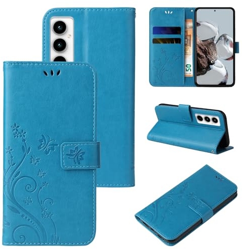 LBH Handy Hülle für Samsung Galaxy A35 5G Case Handytasche Schmetterling Blumen Flower Standfunktion Schutzhülle Magnet Rundum Schutz 360 Grad Flipcase Cover Blau