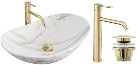 GTM Design Aufsatzwaschbecken Set mit Waschtischbatterie und Stopfen - Aufsatzwaschbecken Oval für Badezimmer - Modern Waschbecken ohne Hahnloch - Waschbecken mit Armature - Modell 15