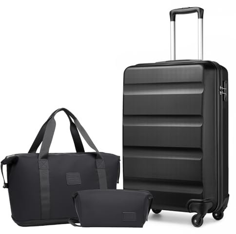 KONO Gepäck-Set Reise ABS Hartschale Kabinenkoffer mit TSA-Schloss und erweiterbarer Reisetasche & Kulturbeutel, Schwarz, 24 Inch Luggage Set, modisch