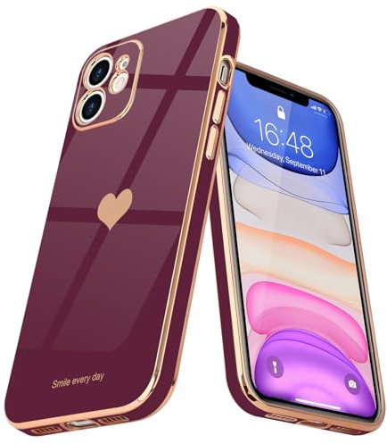Teageo for iPhone 11 Case Cute Heart Pattern for Women Girls Slim Luxury Bling Plating Soft TPU Anti-Scratch Shockproof Bumper Phone Case for iPhone 11, Wine red