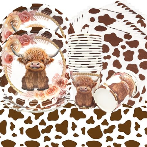 Doyomtoy Hochlandkuh Partygeschirr 62pcs Hochlandkuh Kindergeburtstag Deko,Highland Party Teller Servietten,Highland Cow Party Pappbecher Fahnen Tischtücher,Bauernhaus Thema Party Supplies