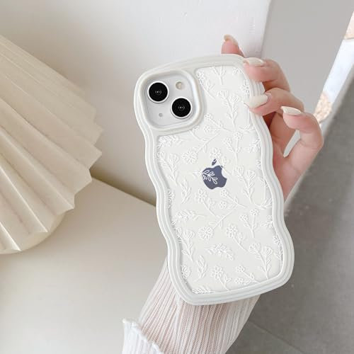 QLTYPRI for iPhone 14 Plus Case, Cute Curly Wave Frame Clear Case for Girls Women, Flower Clear TPU Bumper Slim Soft Silicone Shockproof Protective Phone Cover for iPhone 14 Plus - White Floral/White