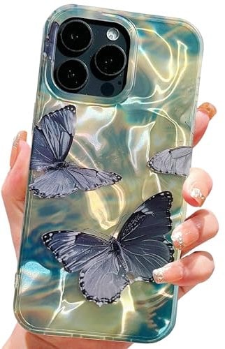 HZYKDWD Compatible for iPhone 15 Pro Max Case 6.7 Inch,Cute Butterfly Quicksand Bling Sparkle Hard Back Art Pattern Design for Soft TPU Shockproof Phone Case for Women Girls-Black Purple