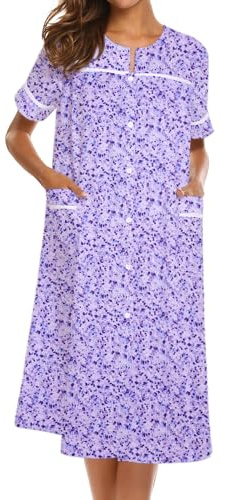 Ekouaer Camisones para mujer, vestido de casa con bolsillos, con botones, abrigo de casa, de manga corta, vestidos de noche, plumero, Moo Moos