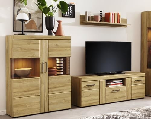 möbelando Wohnwand >Cortina< (3-teilig) in Grandson Eiche Dekor - 259x155x41 (BxHxT)