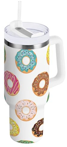 pnyoin Trinkbecher mit Strohhalm-Deckel und Griff, isoliert, Edelstahl, Autogriff, Wasserbecher für Zuhause, Büro, Auto, Reisen (weißer Donut)