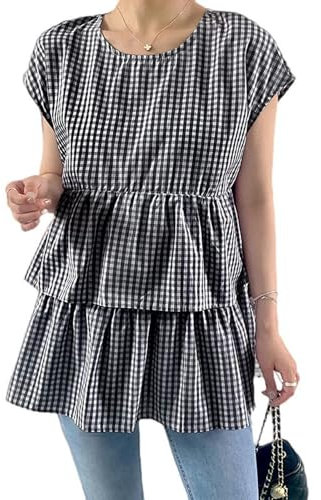 Chemise à Carreaux Manches Courtes à Volants Chemise Babydoll Haut à Carreaux Femme Petite Chemise - Carreaux Noirs - Taille Unique