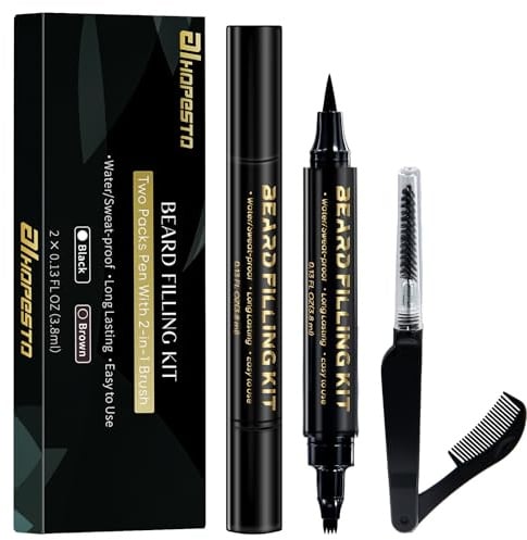 Beard Pen Beard Pencil Filler for Men Beard Filler 4 Tip Pen for Natural Looking Beard 2PCS Beard Pencil & 1PCS Double Head Beard Brush Double Head Four Fork Eyebrow Pencil Eyeliner (Dark Brown)