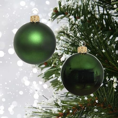 12 Glass Christmas Baubles - Dark Pine Green Baubles for Christmas Tree - Hanging Tree Decorations - Pine Green Colour - 5cm 50mm Round Bauble