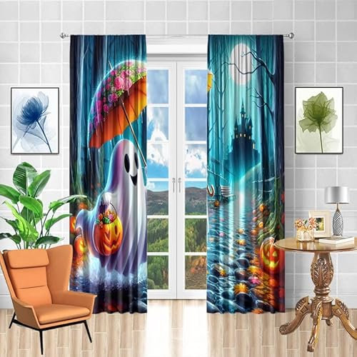 Curtain Halloween Geist Blau Blackout Curtain Weich Gardinen Wohnzimmer Waschbar Vorhang mit ösen Verdunklungsvorhänge Polyester Gardinen Vorhänge Living Room Scheibengardinen 2x100x240cm