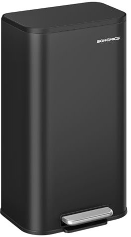 SONGMICS Kitchen Bin, 30 L Pedal Bin, Steel Trash Bin, Soft-Close Lid, Stays Open, Inner Bucket, Wide Non-Slip Pedal, Ink Black LTB546B01