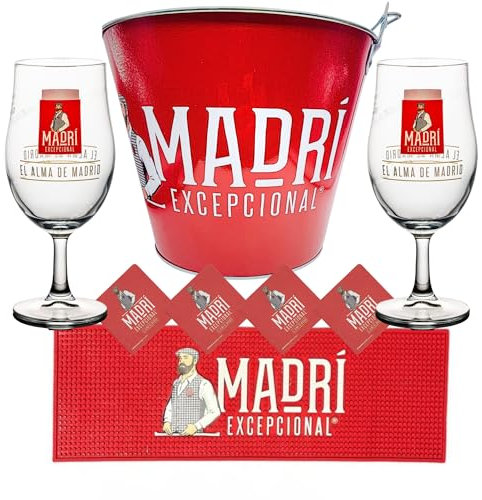 Madri Pint Glasses X2 Ice Bucket Beer Lager Bar Runner Beer Mats Man Cave Set Roxley
