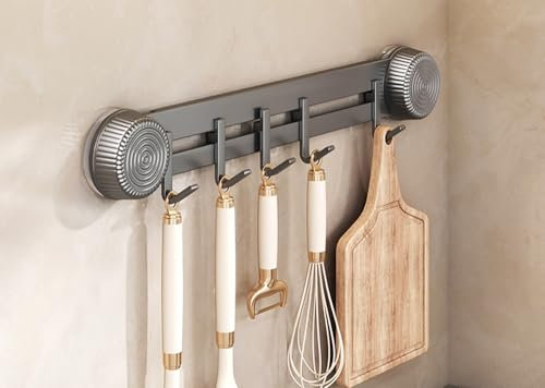 LNGFSH Kitchen Rail with Hooks Suction Cup, Carbon Steel Utensils Rack with Sliding Hooks Wall Mounted, Utensil Holder for Pans, Spoons, and Shovels, Self Adhesive (Grey,with 5 Hooks 30cm)