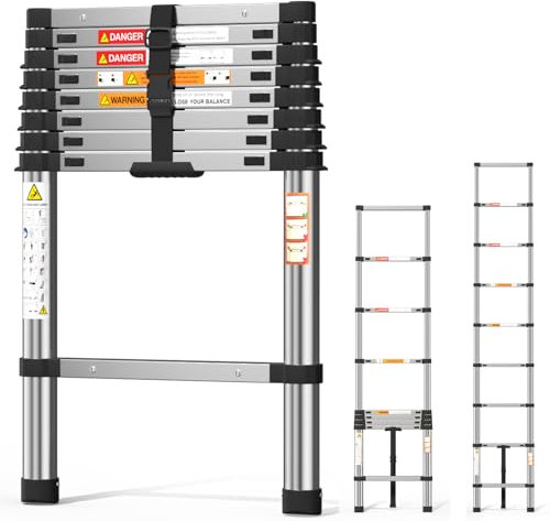 2.6M Straight Ladder 8.5FT Extendable Ladder Steel Telescoping Ladder Portable Step Ladders Max Load 150KG Capacity, More Sturdy and Durable than other