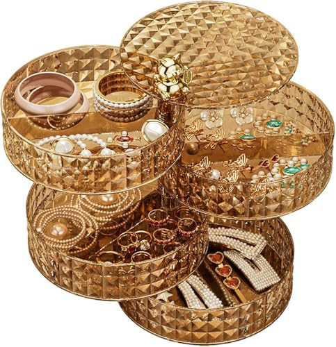 Tissting Schmuckkästchen 4 Ebenen Drehbar Acryl Schmuckaufbewahrung | Rotation Acryl Ohrringhalter Ringorganizer mit Mehreren Fächern für Schminktisch Reise