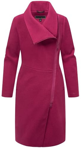 Navahoo Damen lange Übergangsjacke Mantel in Woll-Optik mit asymmetrischem Kragen und wasserdichtem Reißverschluss Samtrose 14 Berry Wine Gr. L