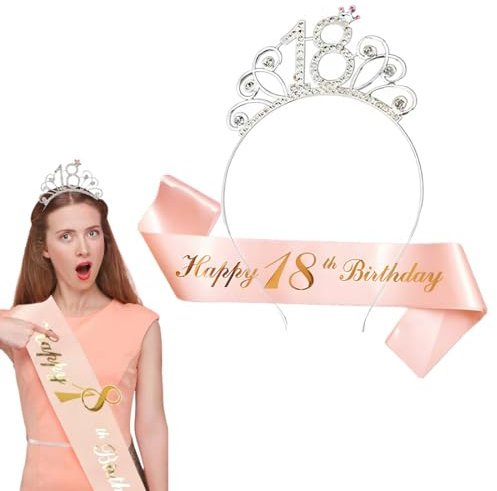 18. Geburtstag Krone Schärpe, 18 Geburtstag Frauen Deko Schärpe und Tiara, Rose Gold 18. Geburtstag Geschenke Krone für Birthday Party, für 18 Geburtstag Deko Geschenk und Frauen Party Accessoires