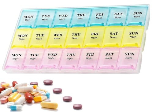 Eastrise Weekly Pill Organiser 7 Day 3X a Day,Travel Tablet Organiser Daily | With Lockable, Dust-Proof Design, BPA-Free Tablet Organiser for Weekly Medication Management (Colourful)