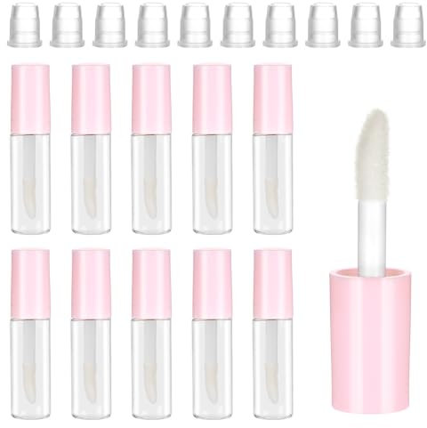 10Pcs Empty Lip Gloss Tubes 1.2ml Mini Refillable Lip Balm Bottles Lipstick Containers Clear Cosmetic liquid blush Bottles with Rubber Inserts and Sponge Tip for Samples Travel Split(Rose Gold Cap)