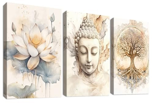 3Pcs Baum des Lebens Buddha Leinwand Bilder Set Mit Rahmen Zen Buddhismus Beige Lotusblume Bild auf Leinwandbilder Malerei Wandbilder Wohnzimmer Schlafzimmer Badezimmer Wanddeko 50x70cm x3pcs