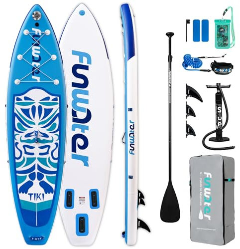 FunWater Aufblasbares Stand Up Paddle Board Multifunktionale Paddelboards mit Flossen, Knochleine, SUP Pump, Paddel, Sup-Rucksack, Für Erwachsene und Aller Könnensstufen (10'6-Tiki VOLL BLAU)