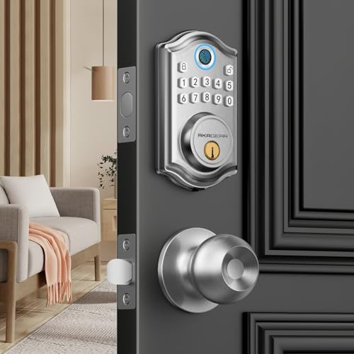 AkaGear DS10 Cerradura de puerta de entrada sin llave, huella dactilar, manija de perilla de puerta exterior, 2 llaves, teclado electrónico, código único, cerraduras inteligentes para puerta delantera