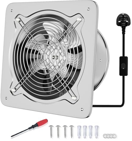 FanGoFast 10 Inch/250mm Kitchen Exhaust Fan 1680m³/h Metal Extractor Fan with UK Plug Low Noise Stainless Steel Ventilation Fan for Warehouse Home Restaurant Garage (Silver, 250mm)