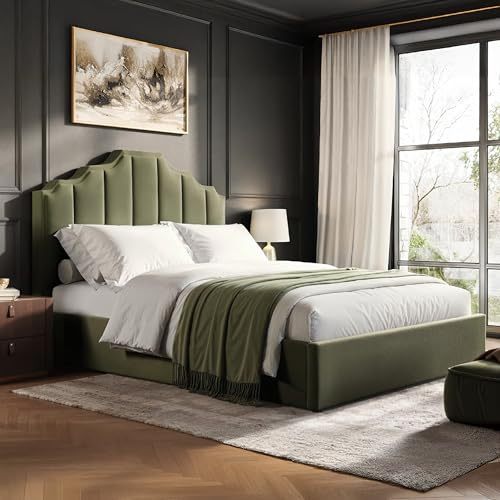 Flair Furnishings - Margot Ottoman Bed, King Size Bed Frame with Storage and Fluted Headboard, Easy to Lift, Elegant and Refined (Khaki Green Velvet)