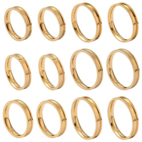 SUNNYCLUE 1 Box 18 Stück 6 Größen Blanke Fingerringe Ehering Rohlinge Goldfarbener Edelstahl Gerillter Ring Rund Leer 4mm Breit Fingerbänder Für Inlay Schmuckherstellung Hochzeitsgeschenke Innendurchm