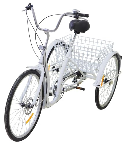 Erwachsenes Dreirad 26-Zoll Dreirad mit Verstellbarem Sitz, Korb und Antirutsch-Pedale, Weiß Erwachsenenrad 6-Gang 3-Räd-Fahrrad Trike Cruiser für Freizeit, Einkäufe & Stadtfahrten
