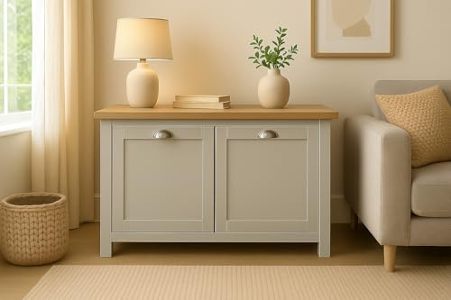 Home Treats Grey & Pine 2 Door Cabinet | Modern Wooden Storage Cupboard with Natural Pine Top, Stylish Finish for Living Room or Hallway (Grey, 2 Door Cabinet)