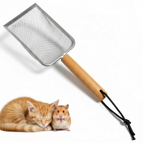 Metal Cat Litter Scoop with Wooden Handle, 2.5 mm Fine Mesh Sifter | Rust-resistant stainless steel, 2.5mm sifter for clumping & wood pellets, deep scoop with hanging hole