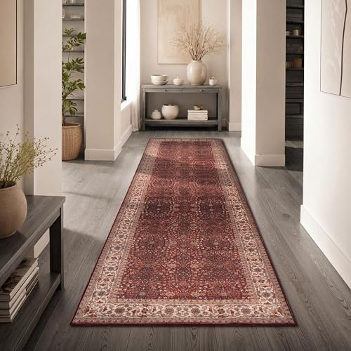 Paco Home Vintage Wohnzimmerteppich Kurzflor klassisches orientalisches Design waschbar & rutschfest pflegeleicht Schlafzimmer Esszimmer, Farbe:Rot-Elfenbein, Größe:80x150 cm