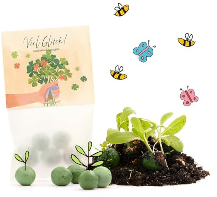 Blumenmurmeln Kleestrauß | Geschenk & nachhaltiges Mitgebsel zu Silvester | Neujahrsgruß mit Klee-Saatgut für Freunde, Gäste & Kinder | Kleinigkeit als Tisch-deko & Glücksbringer