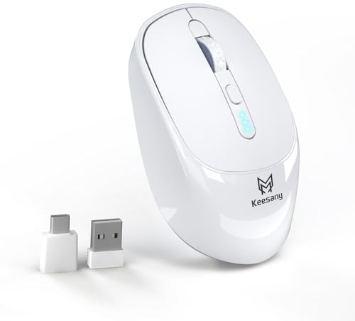 Keesany Wireless Rechargeable Mouse | Battery Indicator | 2.4G Silent Portable Mouse | 4-Level DPI Adjustable (800/1200/2400/3200) | For Laptops, PC-White