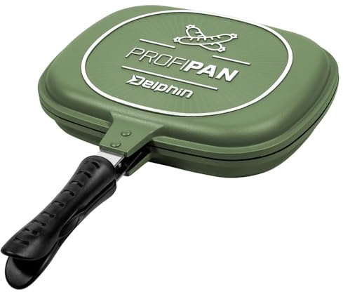 Delphin ProfiPan Outdoor Pfanne Grün Aluminium 28x22x7cm Doppelseitig Verschließbar Antihaftbeschichtet Camping Bratpfanne Pfanne für Gaskocher & Outdoor Geschirr