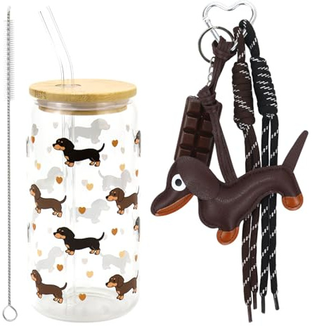 UAYNFY Bicchiere in vetro con coperchio e cannuccia, 500 ml, con portachiavi a forma di cane bassotto, con coperchio in bambù, per matcha, caffè, frullati, cocktail (marrone)