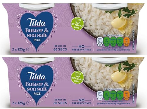 Tilda Butter & Sea Salt Rice 4 x 125g – 2 Boxes Microwave Basmati Rice – Flavoured Ready to Heat Rice – Includes Gifty Goodness Shopping List