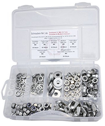 Sortiment Muttern und Scheiben M6 Edelstahl V2A Muttern DIN 934, Hutmuttern DIN 1587, Klemmmuttern DIN 985, Flügelmuttern ähnl. DIN 315, Scheiben DIN 125 u. DIN 9021 und Federringe DIN 127 , alles in A2, VA bzw. Nirosta, 200 Teile
