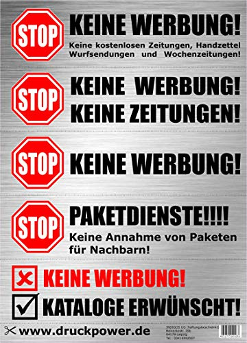 INDIGOS UG - 5X Edelstahl-Optik - Briefkastenaufkleber im hochwertigen Edelstahllook - Keine Werbung Aufkleber - einzeln ablösbar - für den Briefkasten - 73x17 mm pro Sticker - 5 Bogen mit 5 Stickern