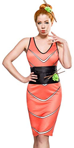 Damen Sushi Outfit Kostüm aus Fisch Kleid mit Stäbchen und Gürtel Kopfschmuck und Kissen Wasabi Blume Fasching S-M